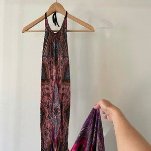 VINTAGE HANDMADE 100% SILK SCARF HALTER MAXI DRESS
